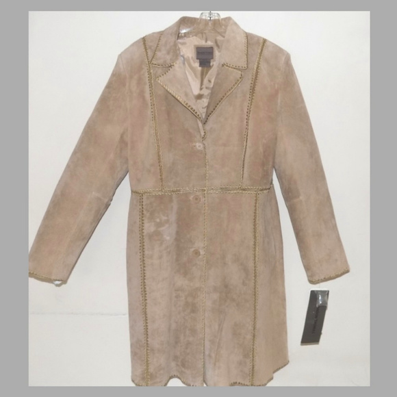 NWT Genuine suede leather coat XL Tan Gold stitching Lined Brown Full-length New - Picture 1 of 7